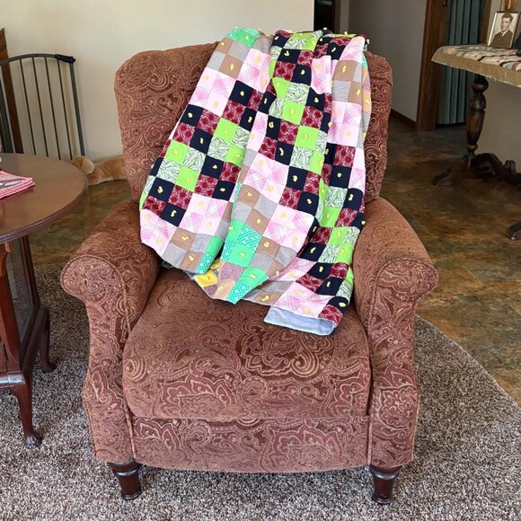 Homemade Patchwork Quilt Throw Blanket Multicolor Poly Cotton Yellow Ties VTG - Picture 3 of 6